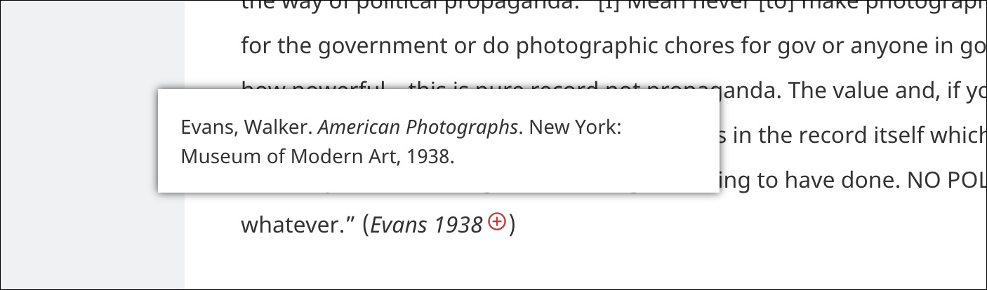 Detail of a web page. A block of text is in the background, overlaying it is a smaller white box with citation text in it, below the citation box is a capitalized name and date with a red icon to its right. The icon is a circle with a plus sign in it.