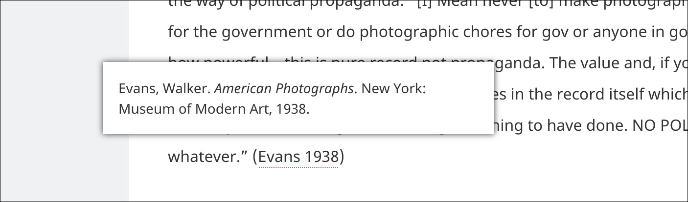 Detail of a web page. A block of text is in the background, overlaying it is a smaller white box with citation text in it, below the citation box is a capitalized name and date with a dotted red underline.